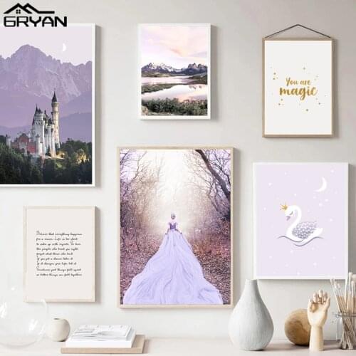 Fairytale Princess Long Dress Retro Castle Nursery Room Canvas Print Painting Swan Poster Girl Baby Kids Bedroom Artsy Picture