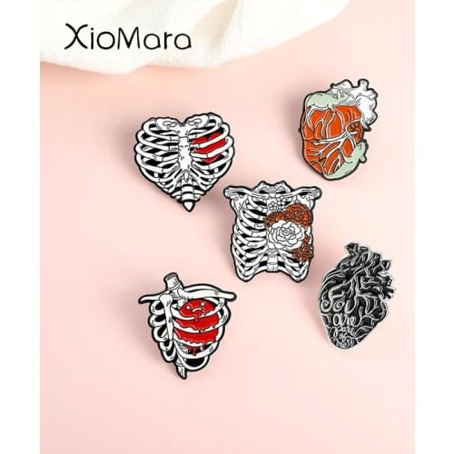 The Heart Enamel Lapel Pins Flowers Anatomical Sternum Brooches Backpack Badges Gifts For Dotcors And Nurses Custom Jewely