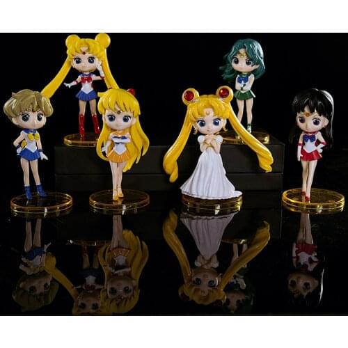6pcs Bandai Sailor Moon Anime Kawaii Q Version Action Figures Small Lady Toys Girls Pvc Figure Model Toys Girl Birthday Gift