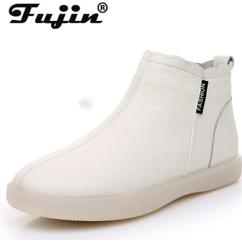 Fujin Warm Wool Motorcycle Slip on Super Comfortable Booties Footwear Winter Shoes Genuine Leather Cow Women Ankle Boots