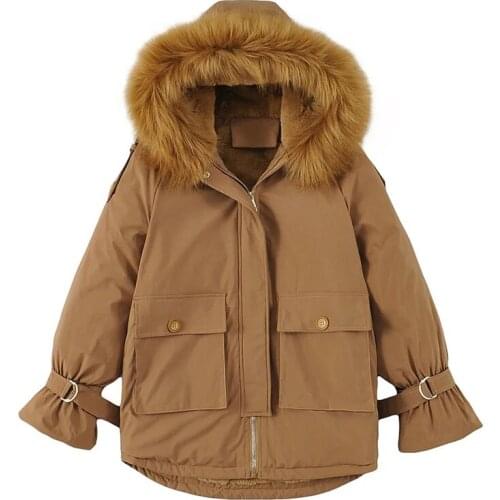 Winter Fashion Hooded Thickened Lining Plus Fluffy Collar Big Pockets Warm Jackets Cotton Coat New Womens Clothing