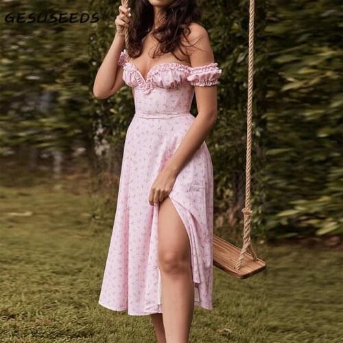 Summer dress 2021 short sleeve dresses sexy off shoulder dress floral print ruffle dresses pink split midi dress holiday korean