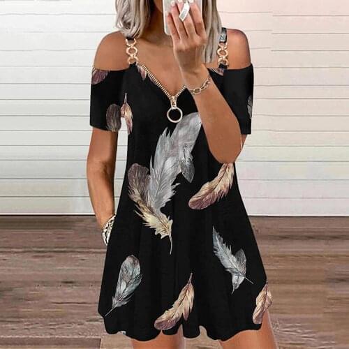 Fashion Women Casual Loose Printed V-Neck Short Sleeve Hollow Out Sexy Dress