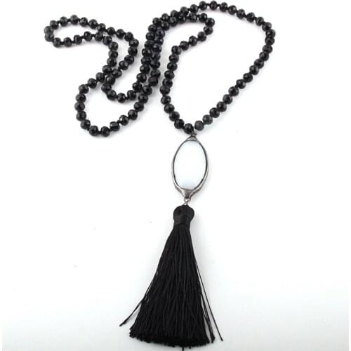 MOODPC Fashion Bohemian Jewelry Glass Long Knotted White Link Tassel Necklaces Women Ethnic Necklace