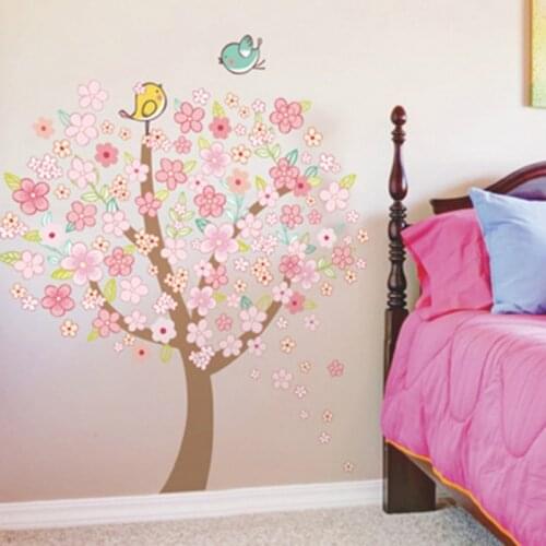 Cartoon Beautiful Pink Flower Tree Wall Stickers for Kids Room Lovely Birds Home Decor Art PVC Vinyl House Decoration Removable
