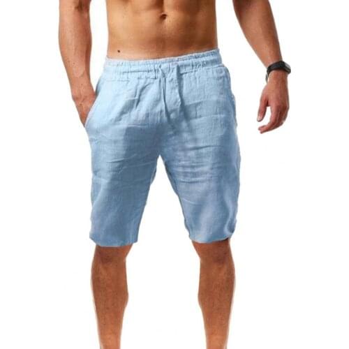 Men Shorts Solid Color Breathable Cotton Linen Drawstring Mid Rise Short Pants Knee-length Shorts Running Jogger Casual Shorts
