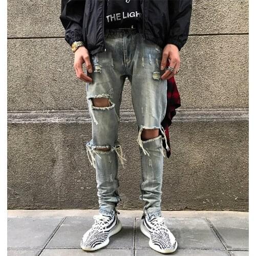 2021 New Mens Skinny Jeans Ripped Grid Stretch Slim Denim Pants Man Elastic Waist Patchwork Hole Denim Trousers