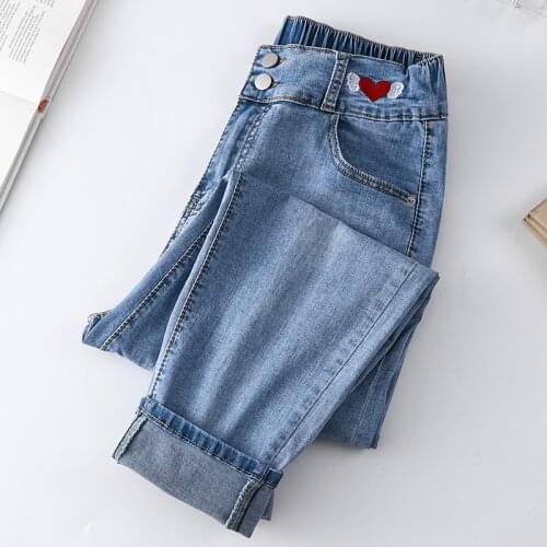 Plus Size XL-4XL Womens Blue Jeans Casual Heart Embroidery Highly Stretchable Denim Pants
