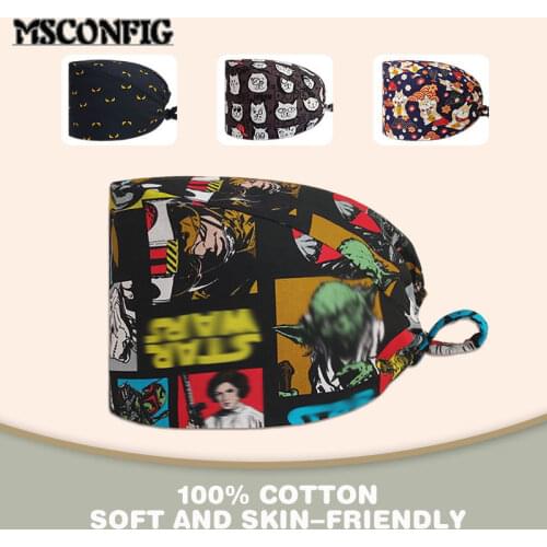 Cartoon 100% Cotton Printed Lady Nurse Hat Adjustable Scrub Hat Beauty Salon Nursing Cap Laboratory Pet Shop Fashion Scrub Hat