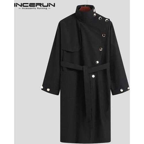 INCERUN Fashion Men Trench Solid Coats Turtleneck Long Sleeve Button Loose Irregular Long Windbreakers Men Streetwear S-5XL 2021