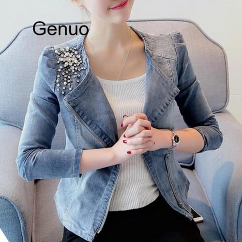 Women Denim Jackets Casual Slim Pearl Bead Zipper Jeans Coat Female