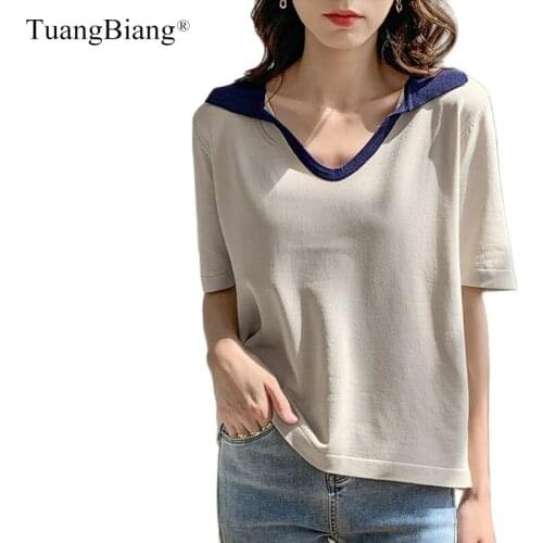 2021 Patchwork Beige Blue Woman Summer Thin Pullovers V-Neck Loose Knitted Tshirt Feminine Short Sleeve Ice Silk Elastic Tops