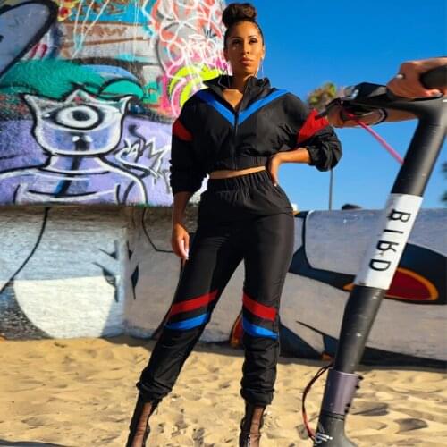TWO PIECE SET Satin Tracksuit Patchwork Crop Top Women Windbreake Jacket Long Sleeve Jogger Pants Sweat Suits Outfit Streetwear