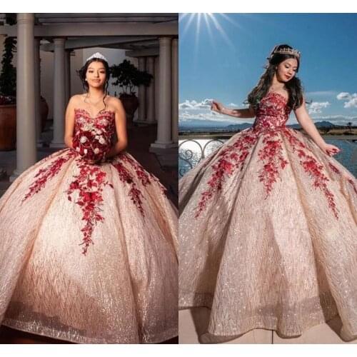 Pretty Rose Gold and Red Lace Quince Dresses 2021 Sweetheart Lace-up Corset Top Sparkly Sequins Applique Quinceanera Dresses