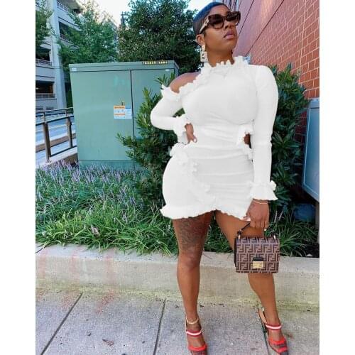 RMSFE 2021 Women Long Sleeve Round Neck Off Shoulder Sexy Fashion Fungus Ruffle Solid Color Dress