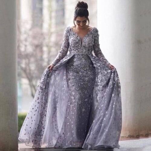 Elegant Long Evening Dress Full Sleeves robe de soiree 2021 Appliques Evening Dresses Removable Skirt Train A Line Trend Fashion