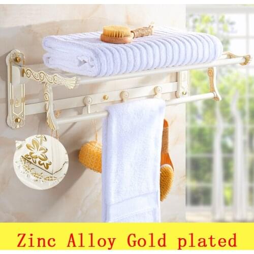 2 Type 60cm Simple towel rack shelf with hooks wall mounted, Zinc Alloy dual tier towel rack, Gold plated wall bathroom shelves