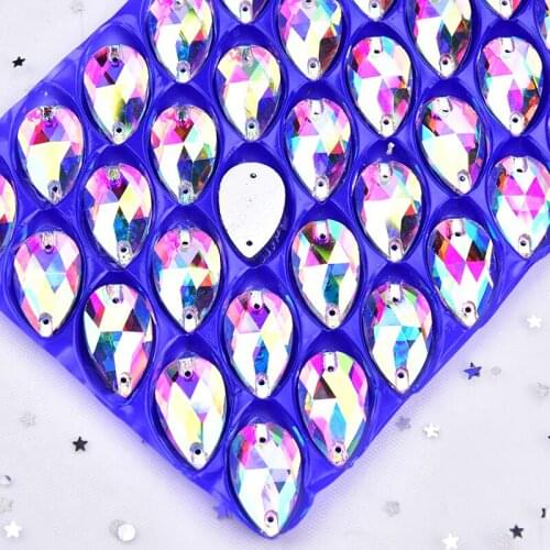 30pcs/Lot Tear Drop Button Rhinestone Glass Crystal AB Sew On Strass Flatback Sewing Wedding Dress Decoration DIY 4 Sizes
