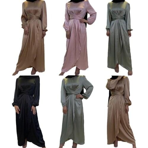 Abaya Muslim Women Long Dress Satin Bandage Turkish Singapore Malaysia Maxi Robe Ramadan Islamic Gown Long Sleeve Arab Jilbab