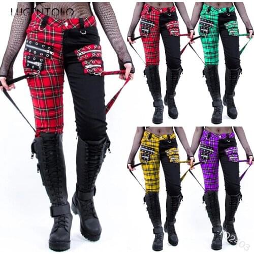 Lugentolo Plaid Pants Women Print Plus Size Pencil Pants Autumn Trousers Personality Bandage Splice Casual