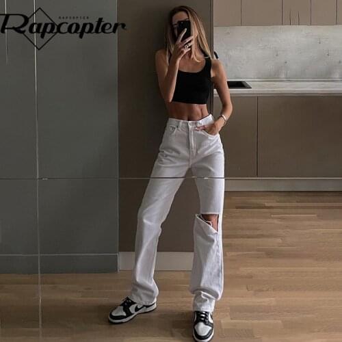 Rapcopter Cut Out Jeans White Vintage Straight Cargo Pants Women Harajuku Streetwear Casual Fashion Joggers Hot Mom Jeans 90s