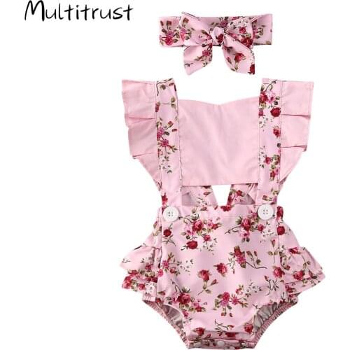 2PCS Newborn Infant Baby Girl Jumpsuit Ruffles Sleeve Polka Dot Floral Print Bodysuits Headband Clothes Outfit Summer
