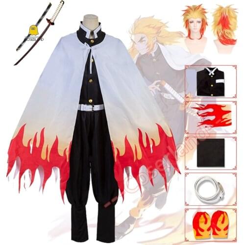 Demon Slayer Kyojuro Rengoku Cosplay Costume Kids Kimetsu No Yaiba Adult Mugen Train Rengoku Wig Katana Sward Cosplay Uniforms
