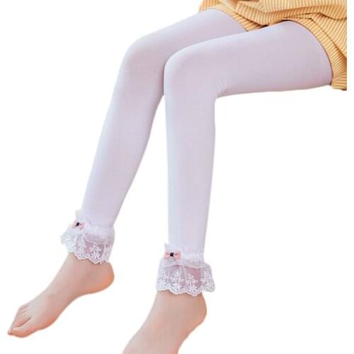Girls Leggings Lace Trim Bowknot Ankle Length Pants Solid Color Elastic Princess Footless Dancing Pantyhose S/M/L