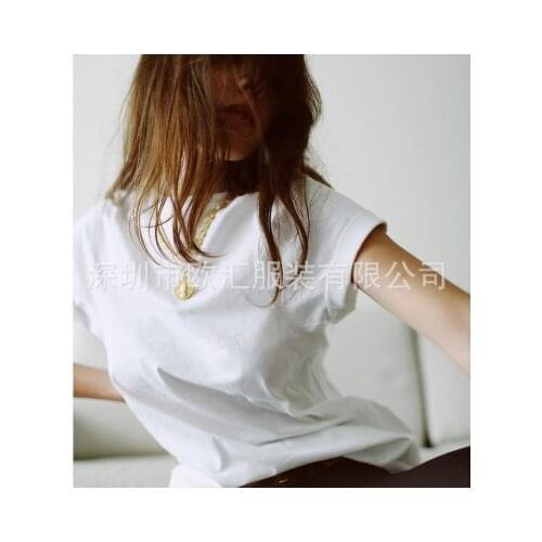 2020 Summer Espera Cotton tee Solid color Casual o neck Tops Embroidery monogram Front short sleeve curved seams armhole Tshirt