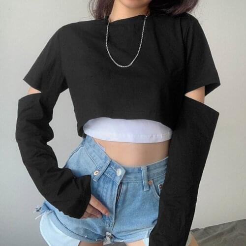 Patchwork Y2k Crop Tops T Shirt Woman Hollow Out Slim Bandage T Shirts Harajuku Sexy Party Tops Streetwear Women Y2k Aesthetic