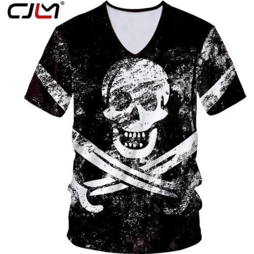 CJLM Unisex Hip Hop Skulls V Neck Tshirt Man Big Size Tee Shirt 3D Full Printed Black White Cross Sword Mens Street T-shirt