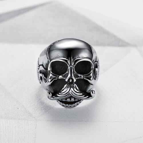 Mens 316L Stainless Steel Punk Biker Jewelry Quality Wholesale Halloween Skull Rings with Goatee Party Band For Motorcycle Men