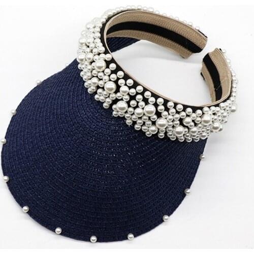 New Women Summer Hat Anti-ultraviolet Elastic Hollow Cap Pearl Headband Sunscreen Sunshade Woven Sunhat Gorras Mujer 2021 A40