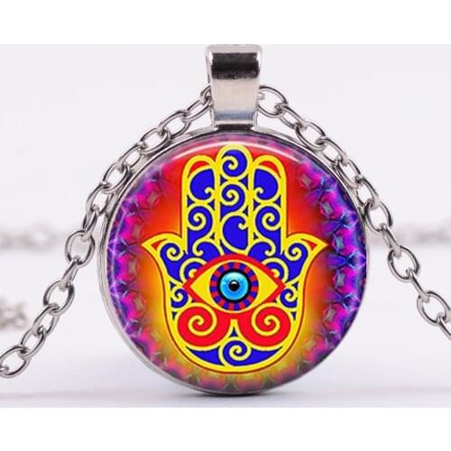 Wholesale Art Glass Cabochon Necklace Glass Hamsa Necklace Colorful Hamsa Hand Pendant Amulet Picture Necklace Jewelry