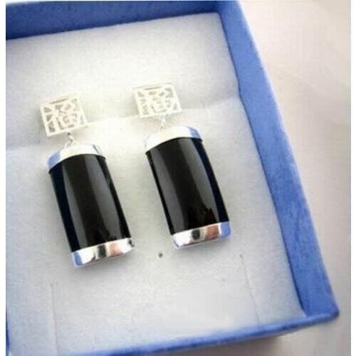 Black Agate Onyx Rectangle White Gold Plated Fortune Luck Stud Dangle Earrings