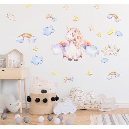 Trendy Watercolor Cute Unicorn Baby Wall Sticker For Kids Room Rainbow Star Crescent Moon Cloud DIY Decal Nursery Corridor Mural