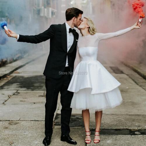 YNQNFS W72 Chic Sheer Dot Tulle Long Sleeves Boho Wedding Dress Short 50S 60s White Party Bridal Bridesmaid Dress 2019