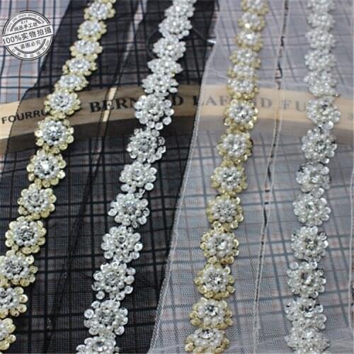 Pearl Rhinestone Gold Silver Beaded Lace Trim Vintage Mesh Fabric Paillette Sequin Chemical Lace Wedding Dress Dentelle Applique