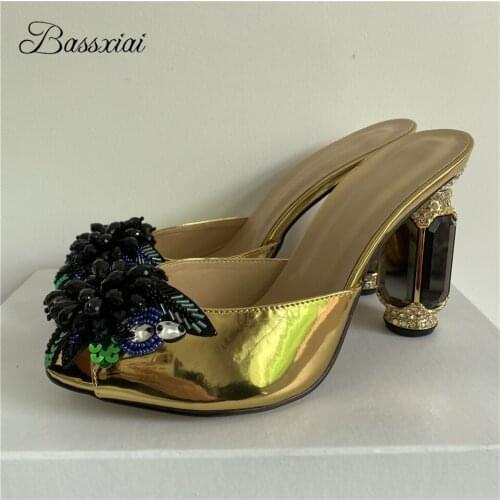 Crystal Beading Flower Decor Sandals Women Summer Jeweled Diamond High Heel Slingbacks Patent Leather Peep Toe Mules Lady