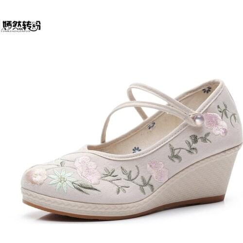 Chinese Ethnic Embroidery Women Pumps Cotton Fabric Buckle Strap Wedges Shoes Woman Floral Embroidered Single Shoes Zapatos