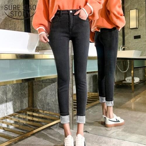 Women Jeans Velvet High Waist Elastic Skinny Korean Style Winter Thicken Warm Pants Fashion Pencil Pants Jeans Trousers 7689 50