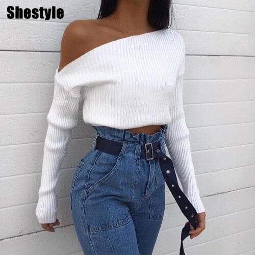 Shestyle Slope Neck Knitted Elastic Sweaters Women Solid Plaid Texture Slash Neck Cold Shoulder 2020 Autumn Winter Basic Tops