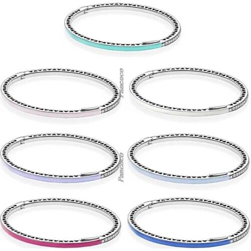 Original 925 Sterling Silver Bangle Enamel Radiant Hearts With Cubic Zirconia Bracelet Fit Women Bead Charm Pandora Jewelry