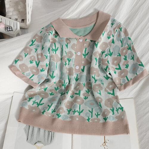 Temperament All-match Lapel Women Short Knit Sweater Summer New Korean Jacquard Short Sleeve Lady Thin Knit Tops Womens aq1033