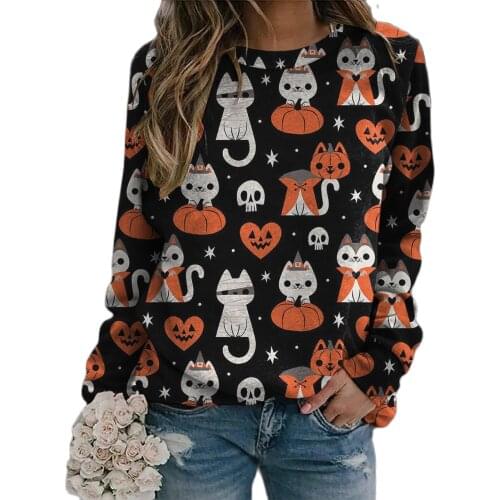 2021 Factory Price Fashion Womens New Style Womens Halloween Round Neck Sweater Long Sleeve Ladies Printed T-shirt