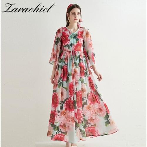 Red Flower Printed Loose O Neck Lace Up Chiffon Dress Women Bohemian Beach Batwing Sleeve Oversized Floral Long Maxi Vestidos