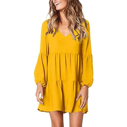 2021 Summer Dress Women Vintage Causal Loose Lantern Long Sleeve Mini Dress V-Neck Solid Color Straight Dresses