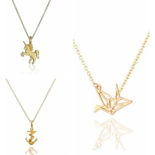 Gold 3 Style Origami Paper Crane Anchor Unicorn Clavicle Cardboard Necklace Pendant Gift For Women Girl