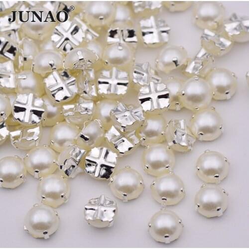 JUNAO 100pcs 6 7 8mm Sewing White Pearl Beads Claw Rhinestones Applique Flatback Half Round Pearls for DIY Needlework Clothes