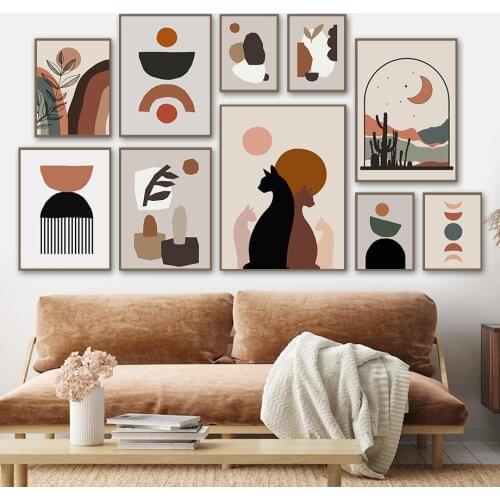 Abstract Wall Art Canvas Painting Sun Moon Cat Leaf Line Geometric Nordic Posters And Prints Pictures For Living Room Boho Decor